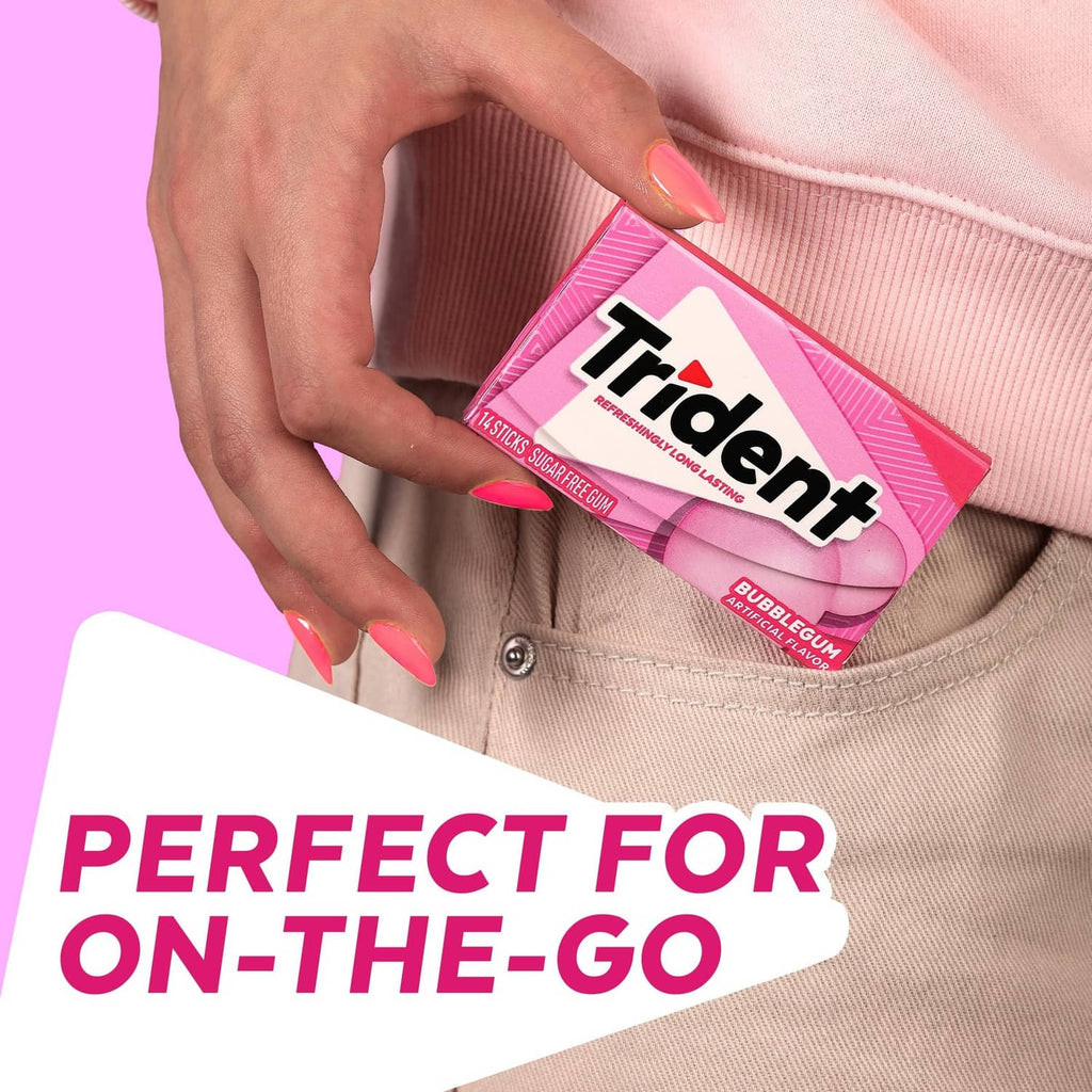 Trident Bubblegum sugar-free gum pack held by hand for on-the-go