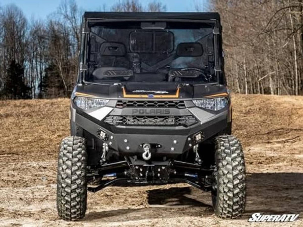 Front of Polaris Ranger 1000 showing dark-tinted full windshield and cab frame