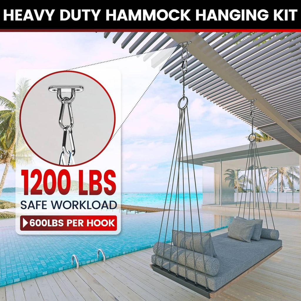 Silver pad eye hook with chain link for hanging a hammock