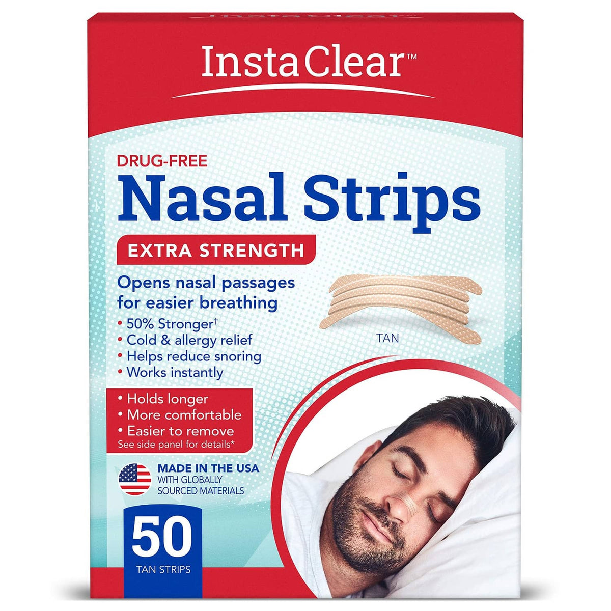 Instaclear Extra-Strength nasal strips box, tan 50-count.