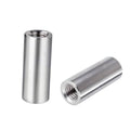 Round stainless steel coupling nut with internal threads, smooth cylinder body