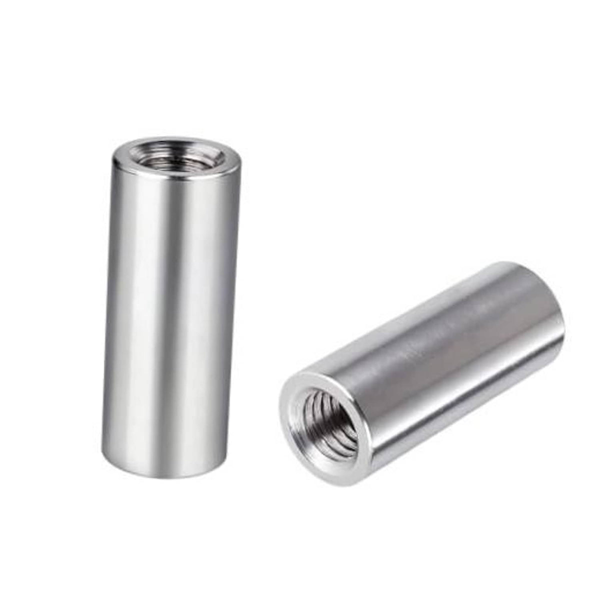 Round stainless steel coupling nut with internal threads, smooth cylinder body