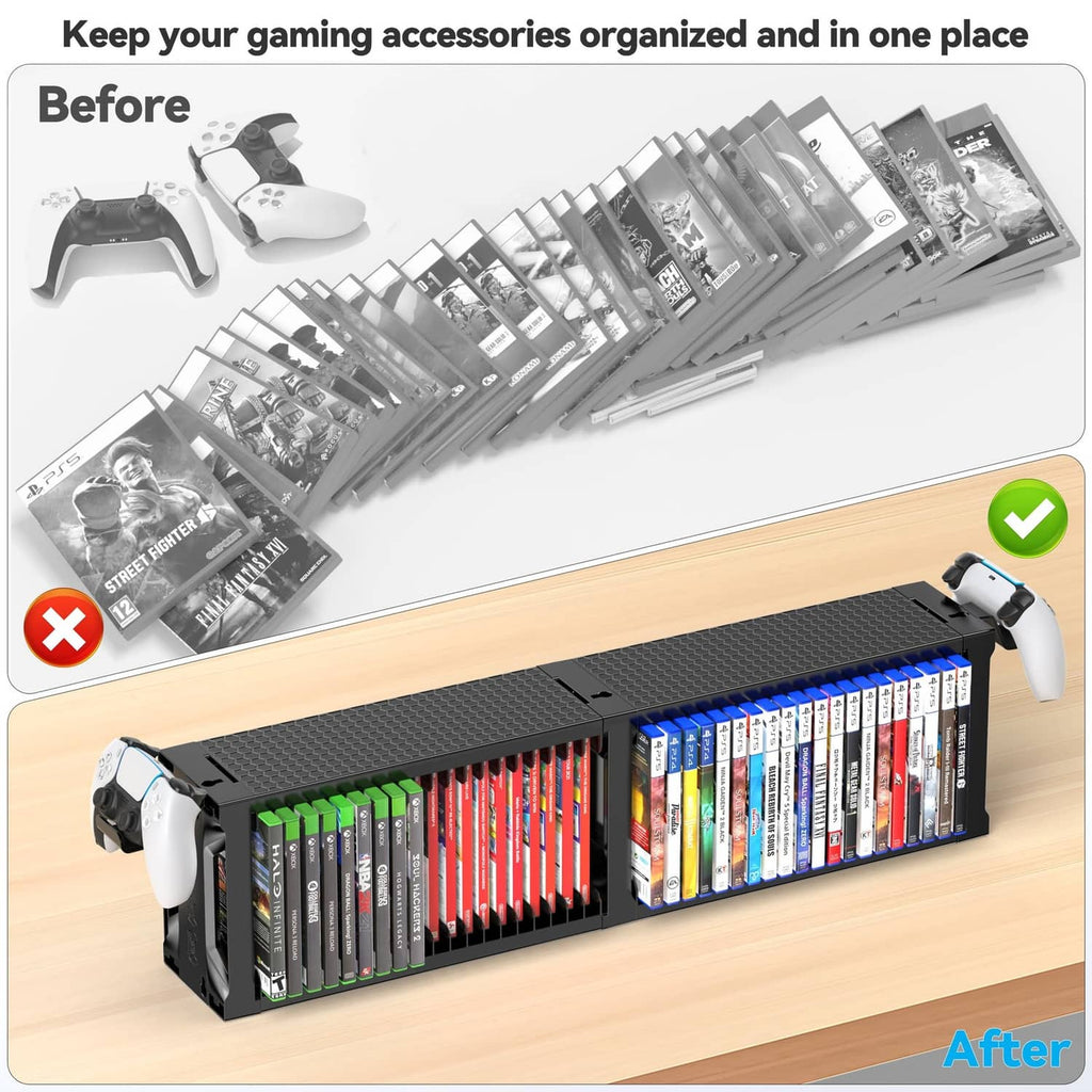 Black two-tier game disc rack tower holding game cases on a tabletop
