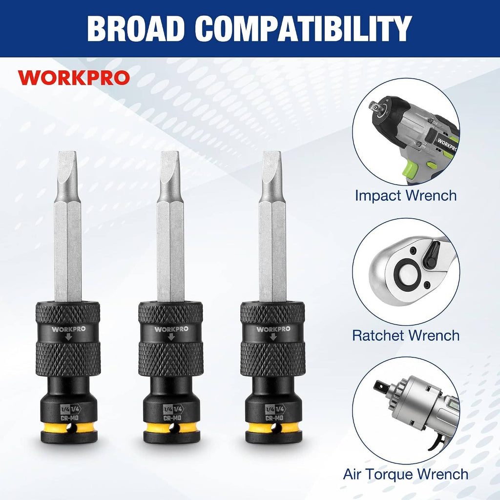 Three black impact socket adapters with yellow rings and hex/bit ends.