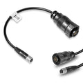 Universal sonar adapter cable with two black threaded connectors and exposed pins.