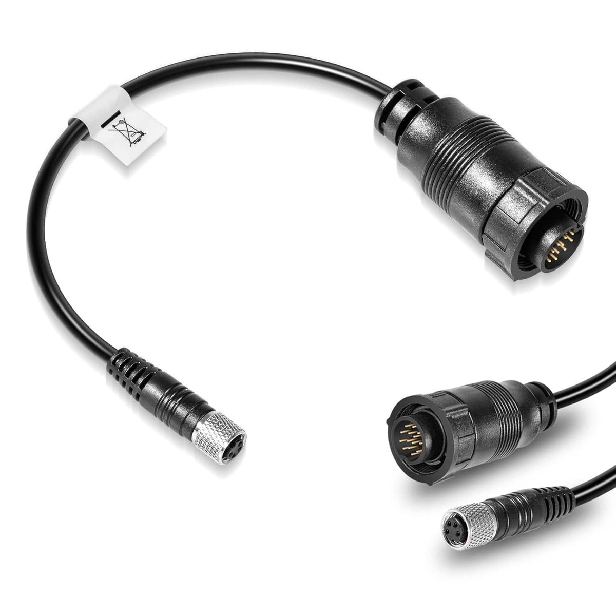 Universal sonar adapter cable with two black threaded connectors and exposed pins.