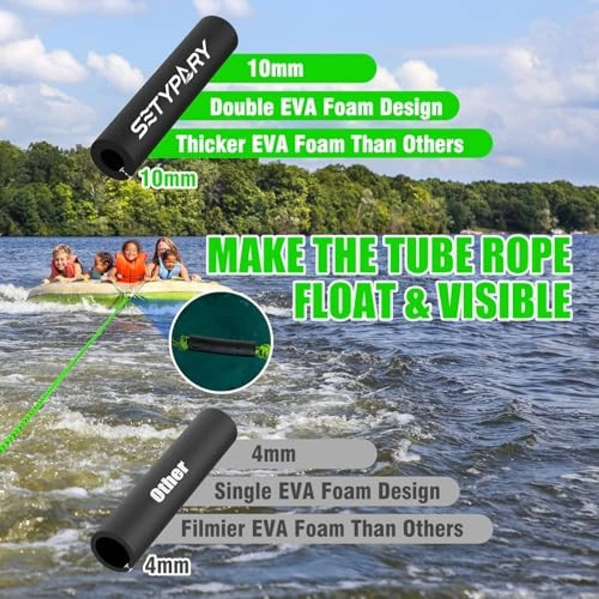 Black foam core rope segments with green woven tubing detail