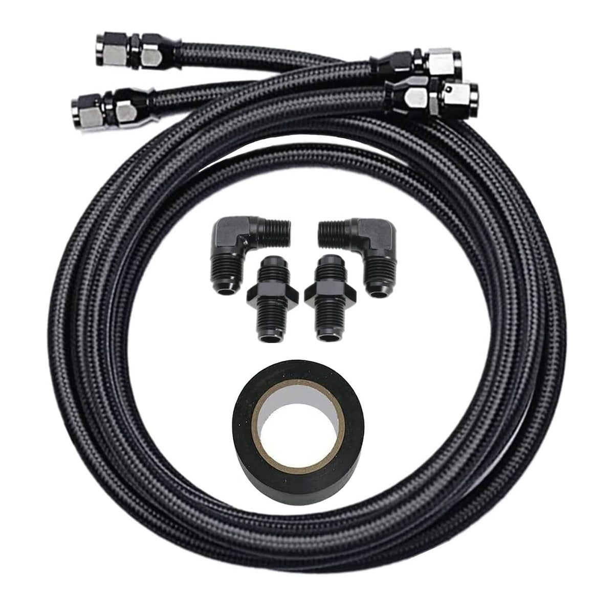 Automatic transmission cooler hose line kit with coiled black braided hoses and AN fittings