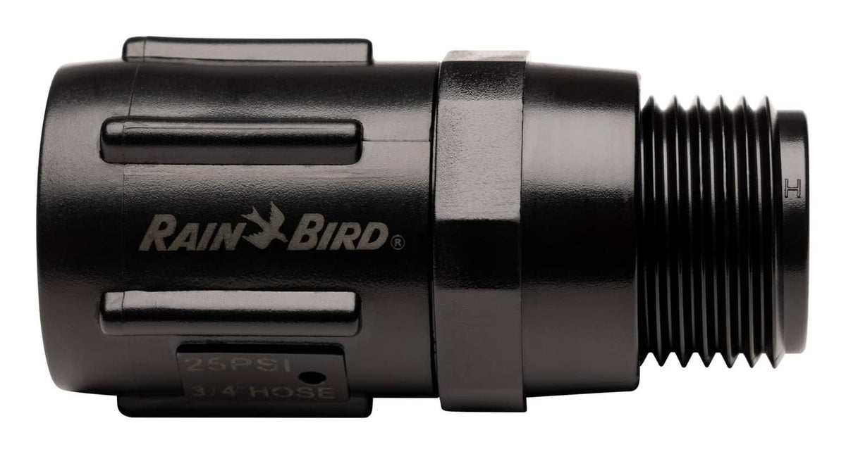 Rain Bird 25 PSI drip irrigation pressure regulator, black with side label