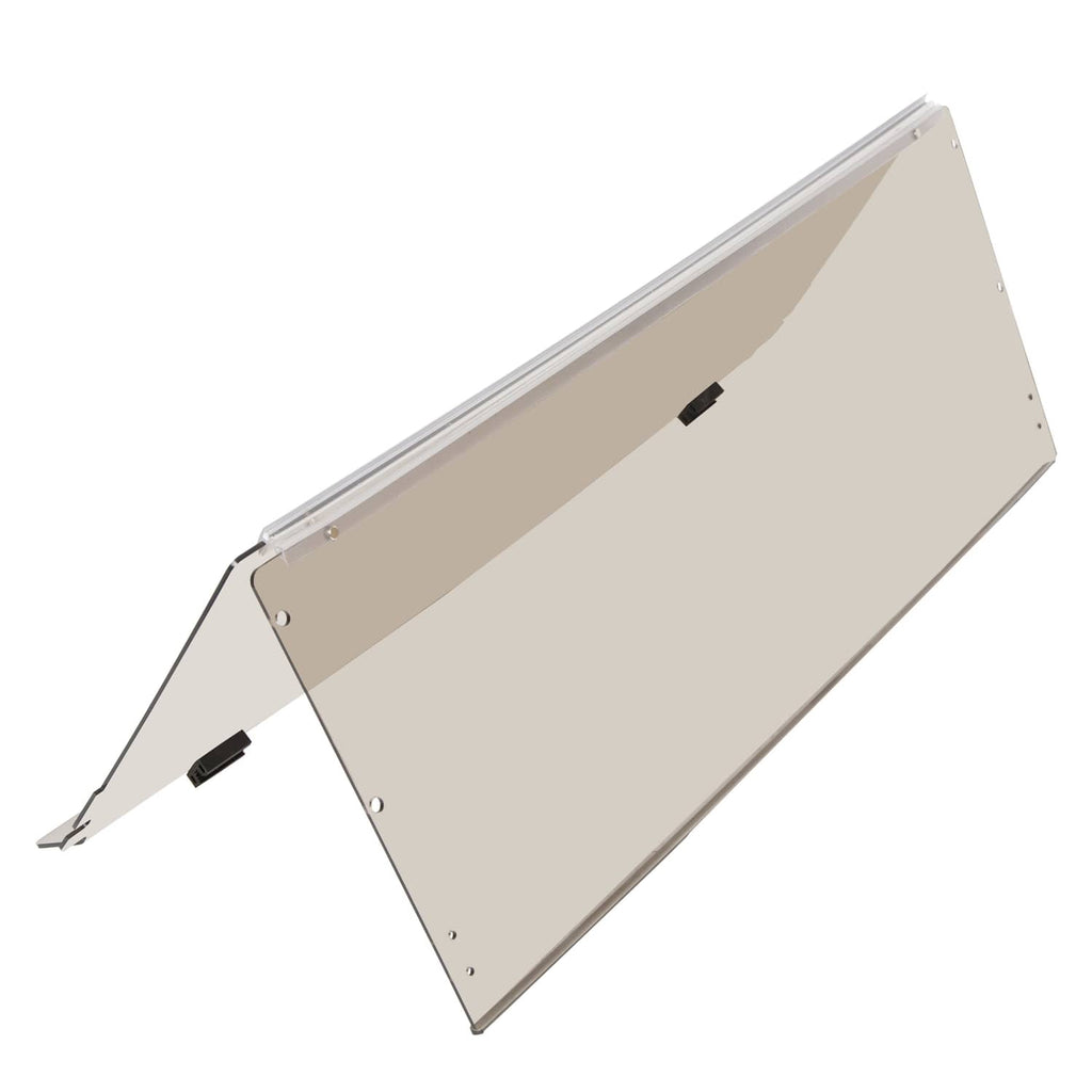 Tinted flip windshield windscreen panel with metal trim and mounting holes