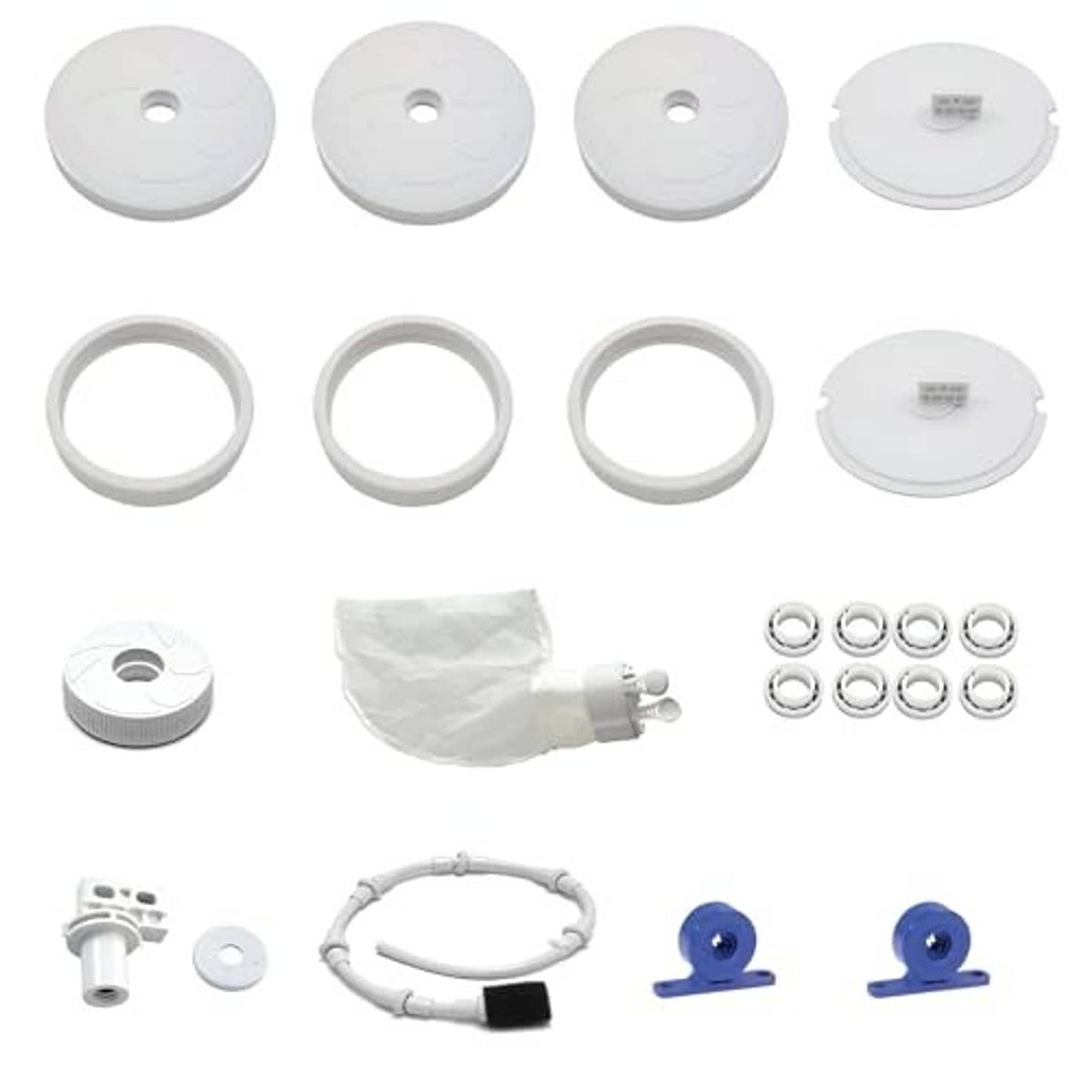 White wheel and bearing kit: round wheels, seals/rings, metal fasteners, blue clips