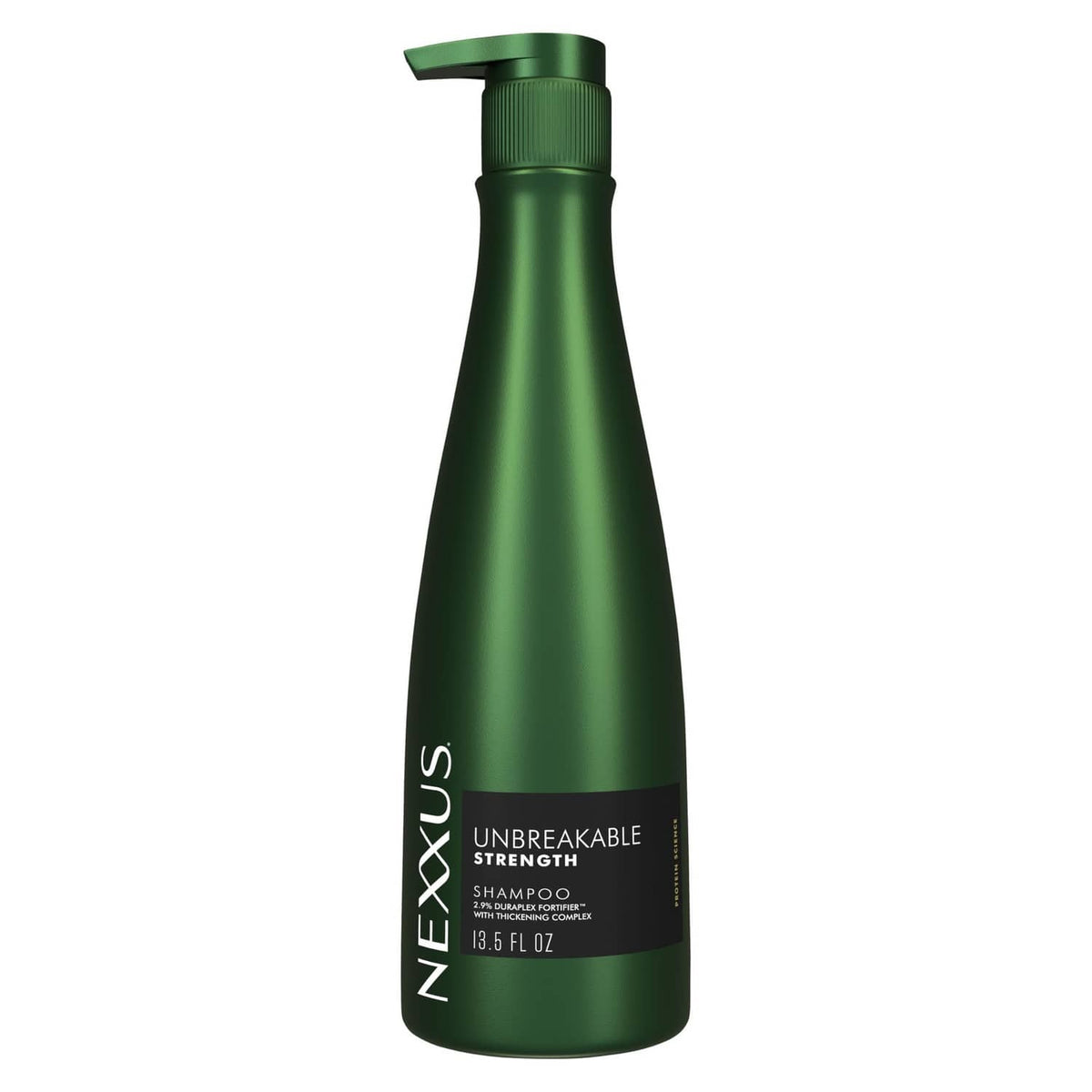 Nexxus green shampoo bottle with pump dispenser, front label visible