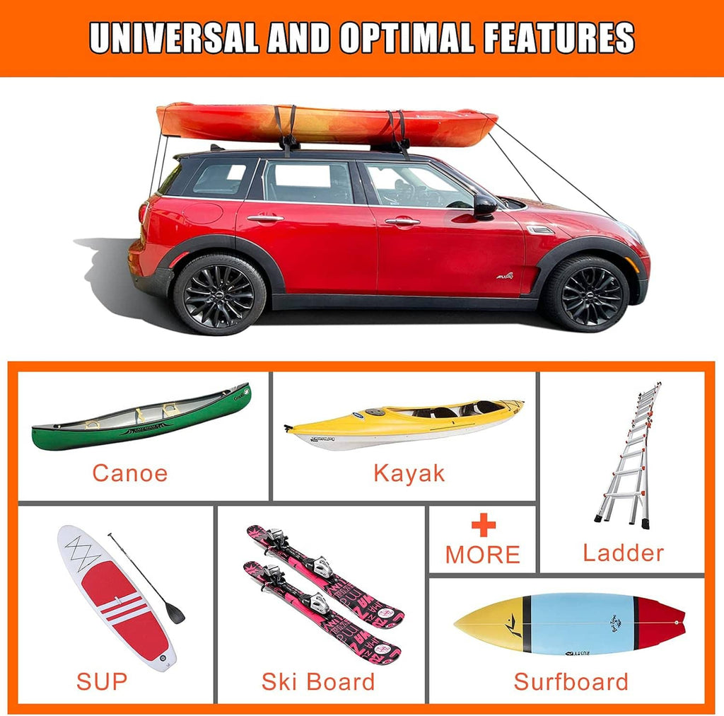 Soft roof rack pads installed on a vehicle roof for carrying kayak, canoe, or surfboard