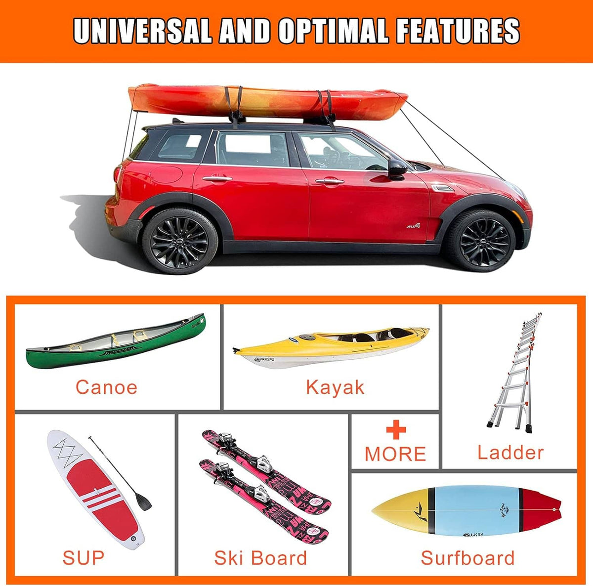Soft roof rack pads installed on a vehicle roof for carrying kayak, canoe, or surfboard