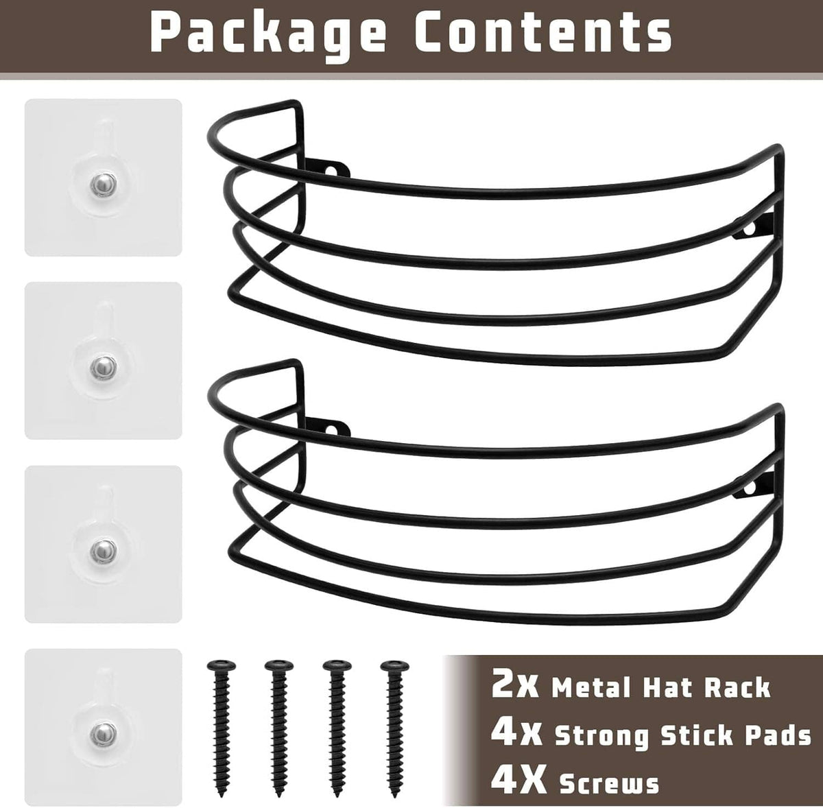 2-pack black metal hat rack set with strong stick pads and mounting screws