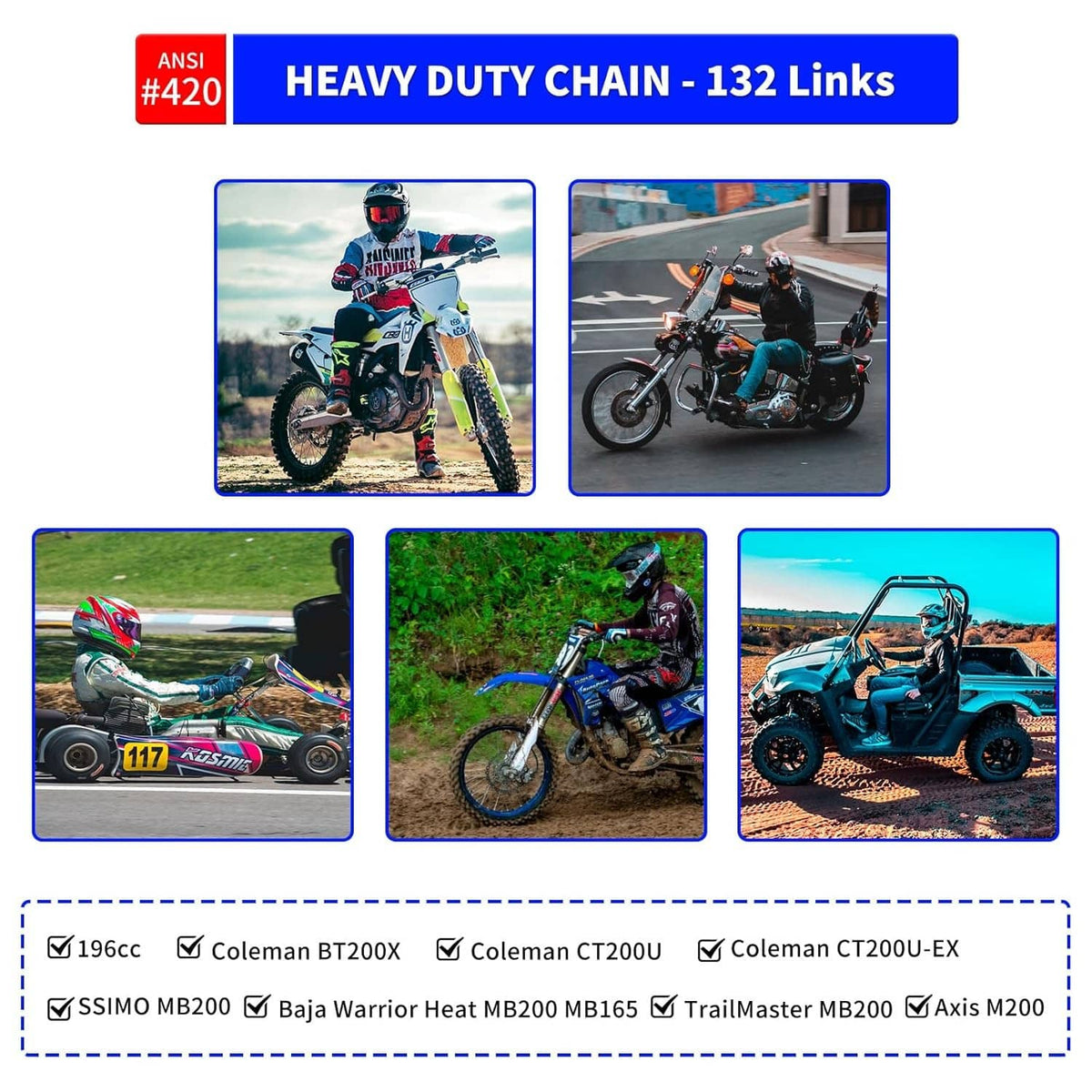 ANSI #420 heavy-duty motorcycle chain, 132 links