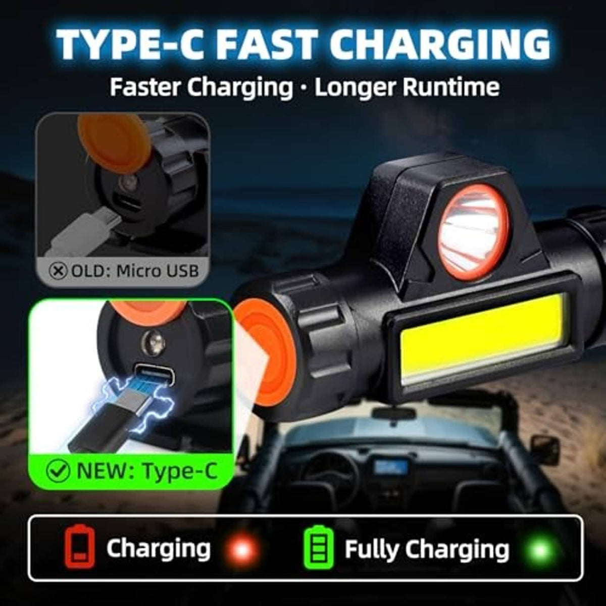 Type-C rechargeable UTV dome light, orange lens and yellow LED bar with charging port