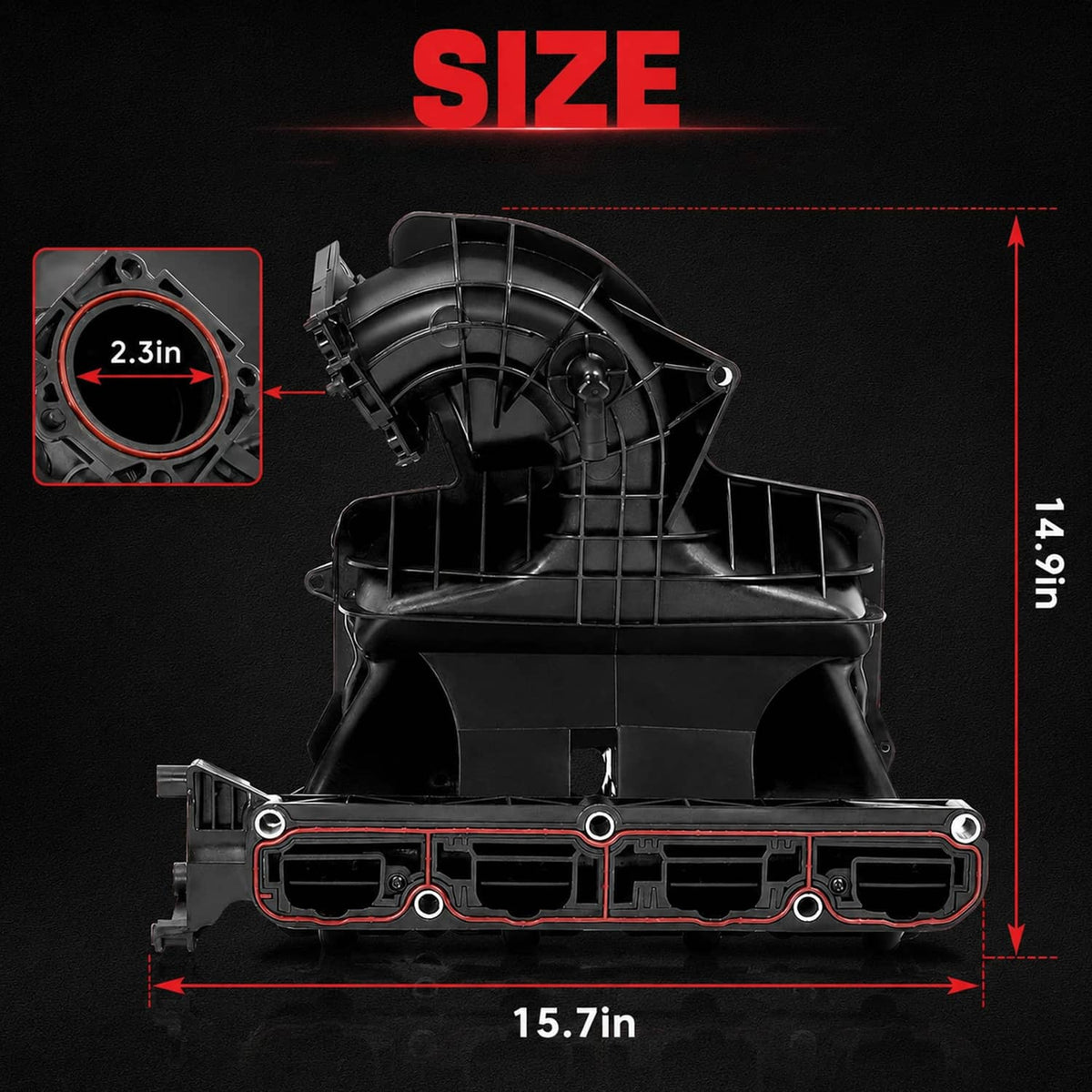 Black engine intake manifold with port openings and overall size measurements