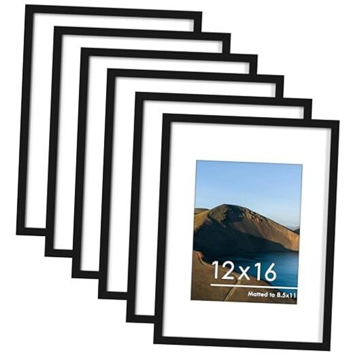 Set of 6 black picture frames with white mat and landscape photo cards