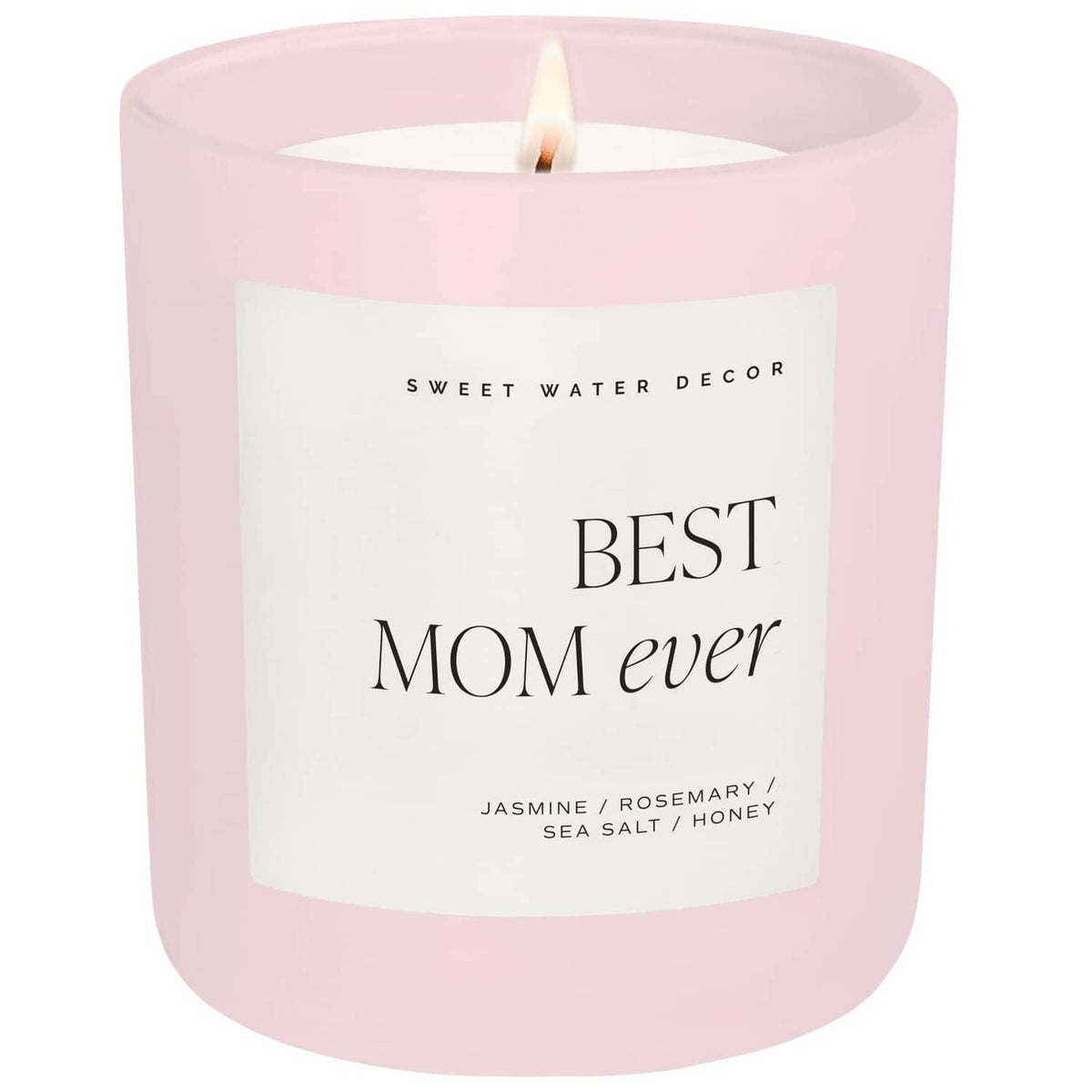 Pink soy jar scented candle with “Best Mom ever” label and centered flame
