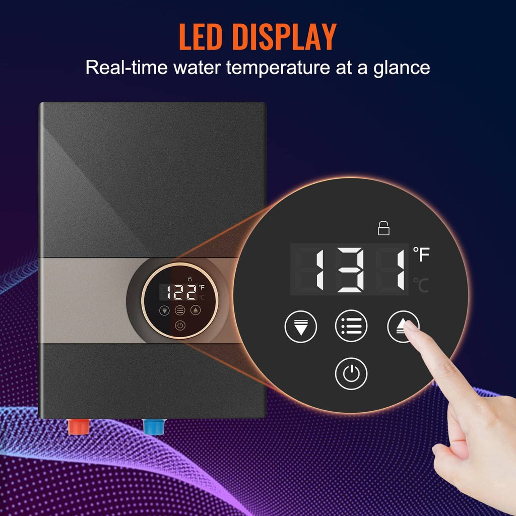 Electric tankless water heater with LED panel and touchscreen-style control buttons