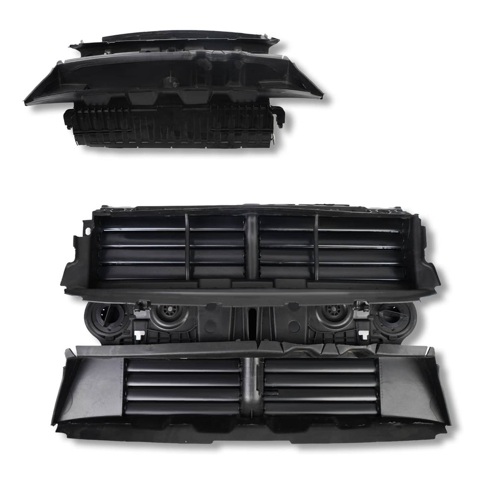 Grille shutter assembly with motor, front and open slat layout on black housing