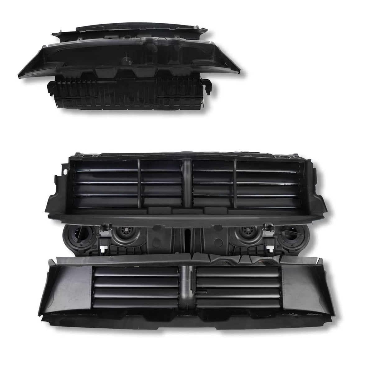 Grille shutter assembly with motor, front and open slat layout on black housing