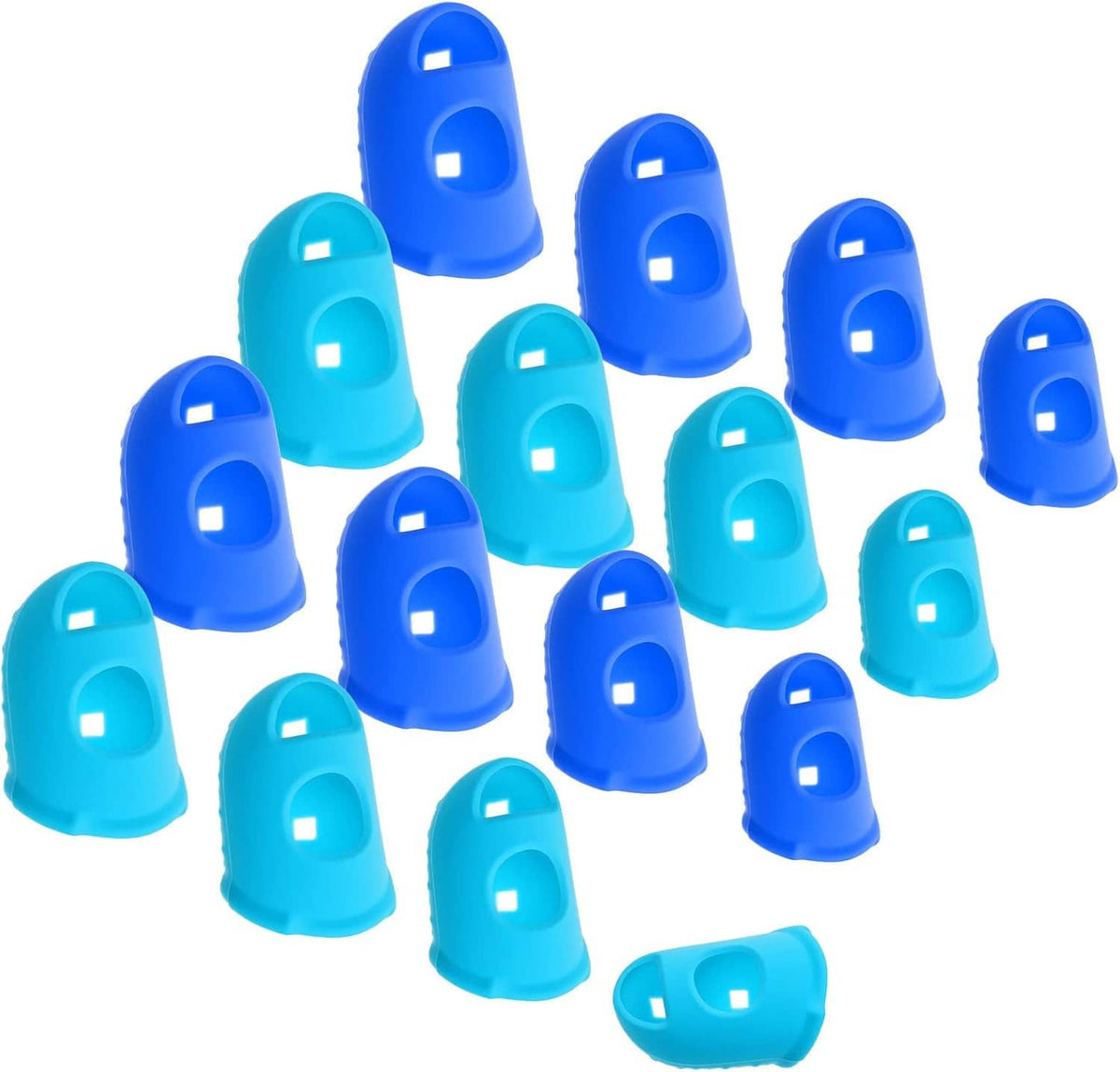 Silicone fingertip protectors set, blue and teal caps with glossy finish