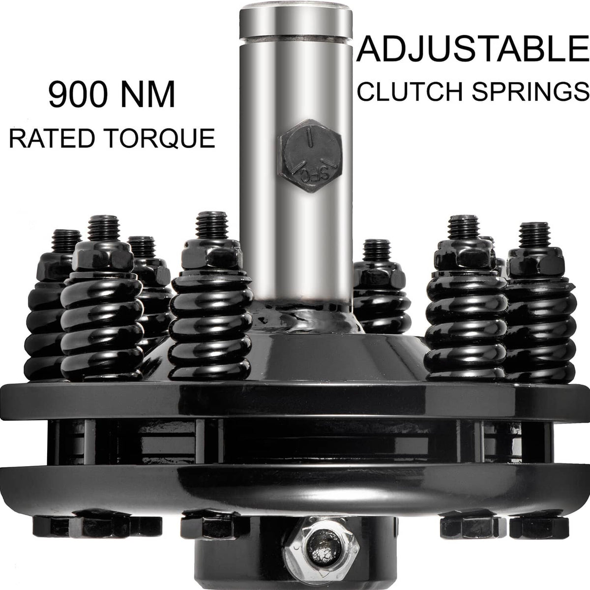 PTO slip clutch with black friction plate, silver center post, and adjustable spring pack