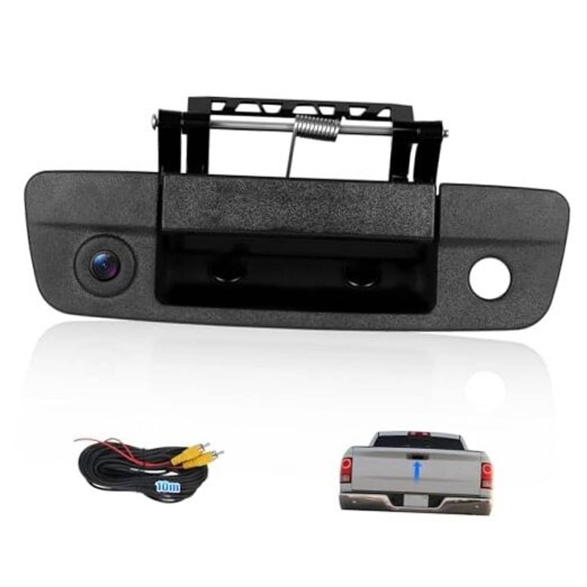 Rear tailgate backup camera with black textured housing and lens, mounting bracket included