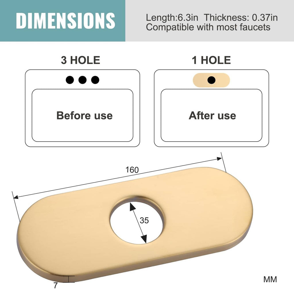 Gold oval faucet deck plate with centered circular opening