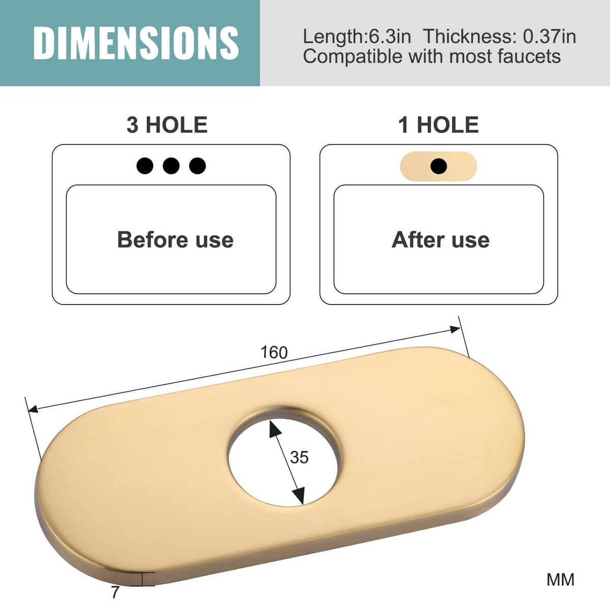 Gold oval faucet deck plate with centered circular opening