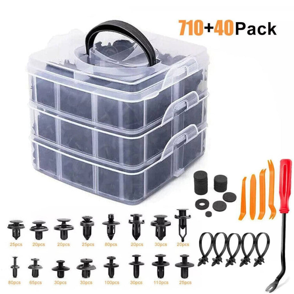 Car push retainer clip fastener kit with organizer box, pins, and insertion tools