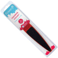 Red pedicure foot file with black abrasive pad, double-sided on a blister card.