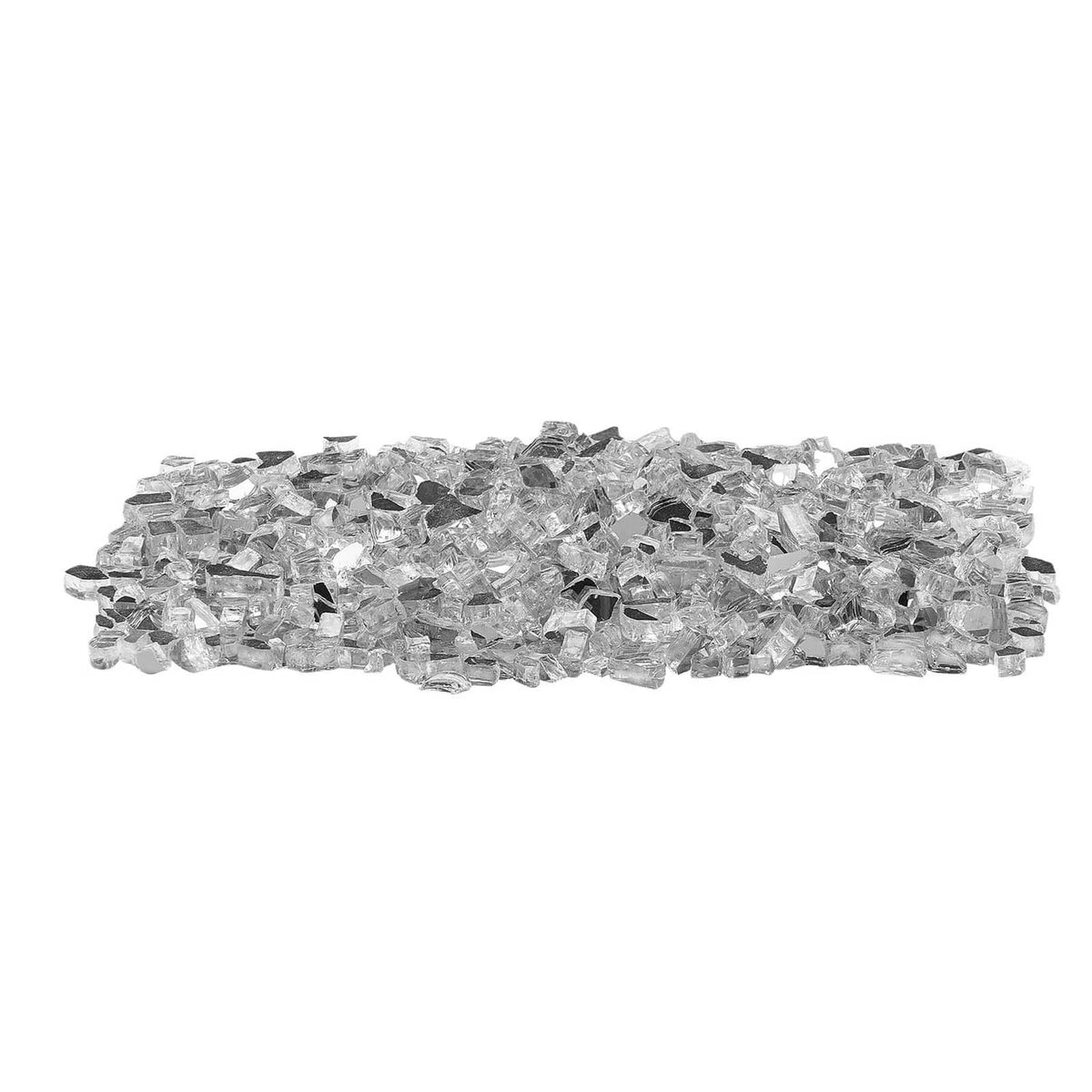 Clear crushed glass fire pit gems, small faceted pieces spread on a flat surface