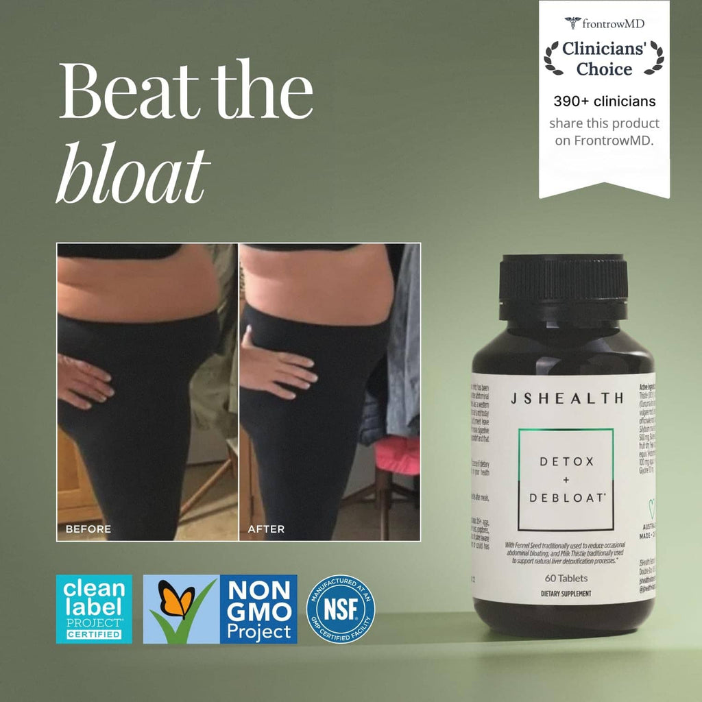 JSHealth Detox + Debloat bottle with certification badges, 60 tablets