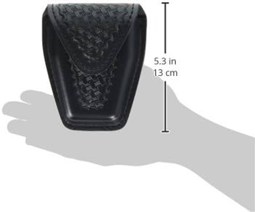 Black handcuff case with top flap and tapered bottom, shown with height measurement.