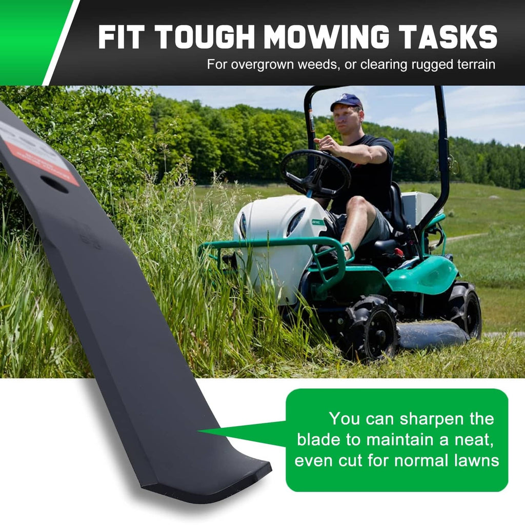 Curved black lawn mower blade for overgrown mowing tasks