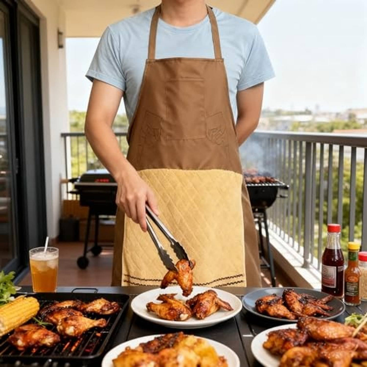 Brown chef apron with tan panel and front pocket, adjustable straps for men