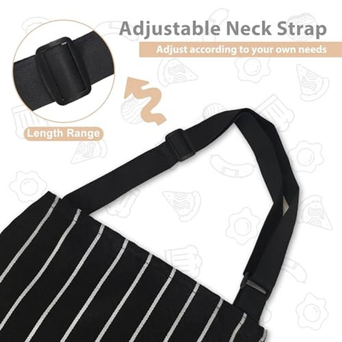 Black striped kitchen apron with adjustable neck strap and front pocket