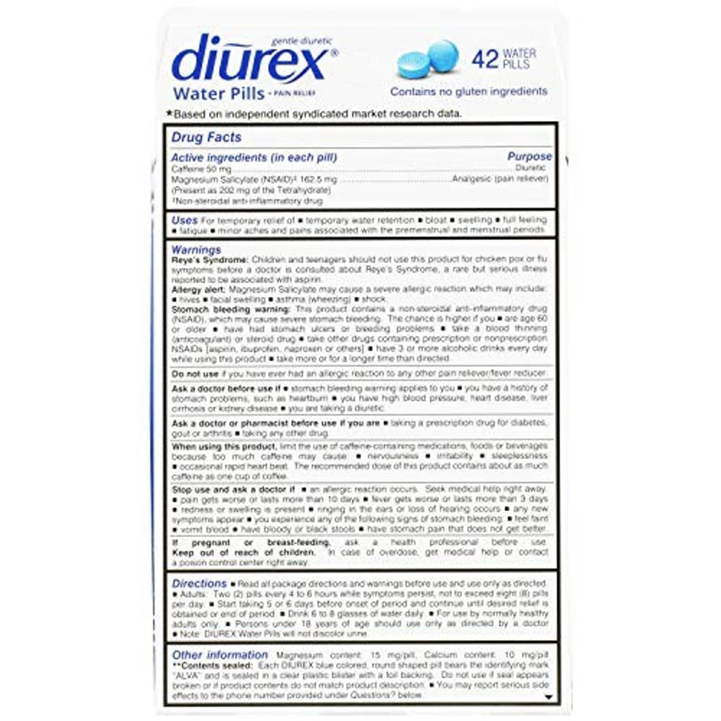 Diurex water pills drug facts label on the box back panel