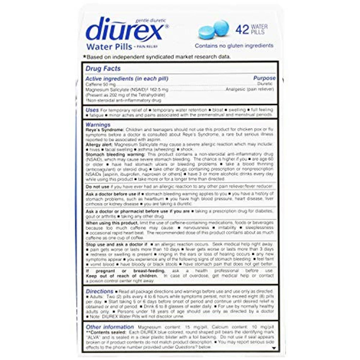 Diurex water pills drug facts label on the box back panel
