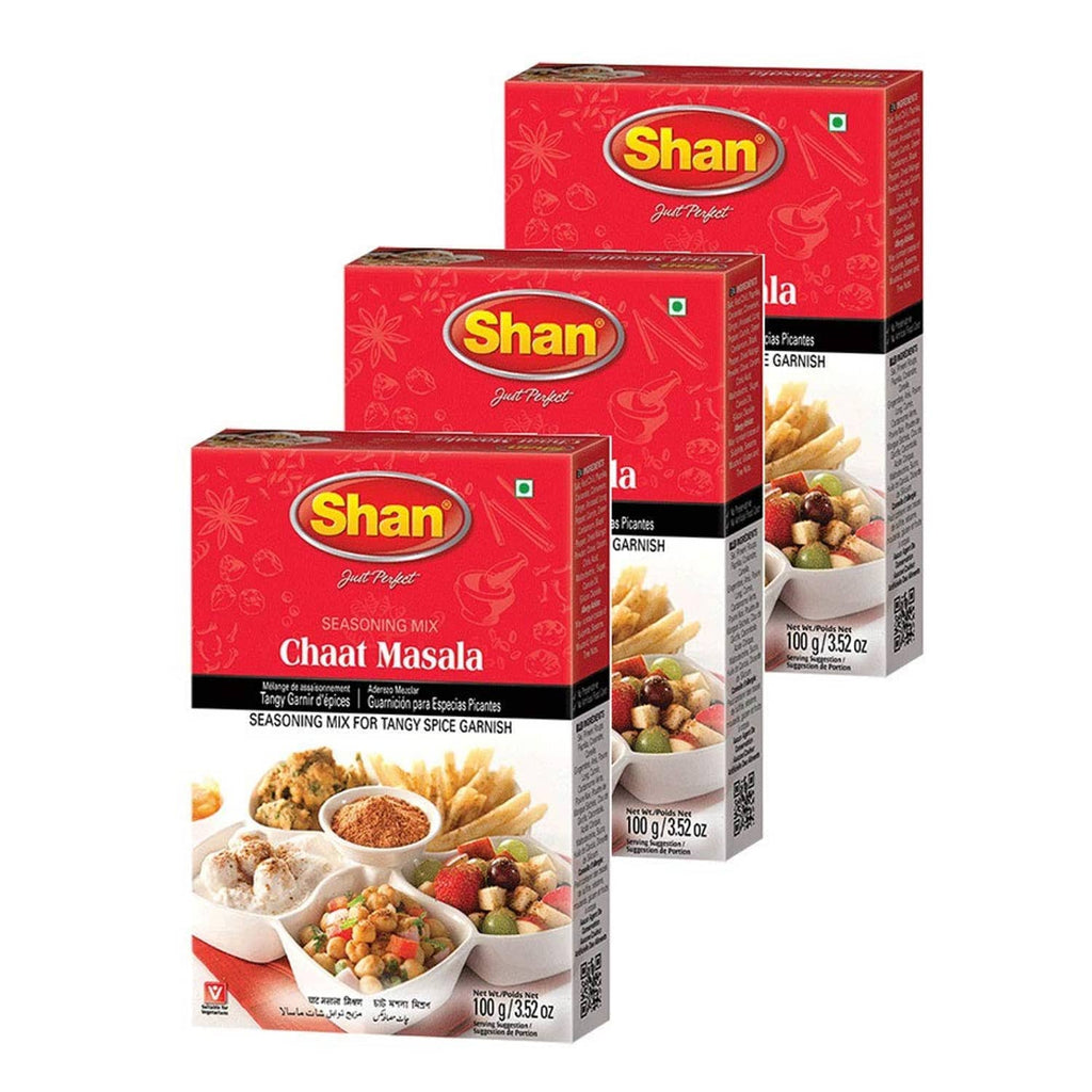 Shan Chaat Masala seasoning mix spice packets, three red cartons in a set