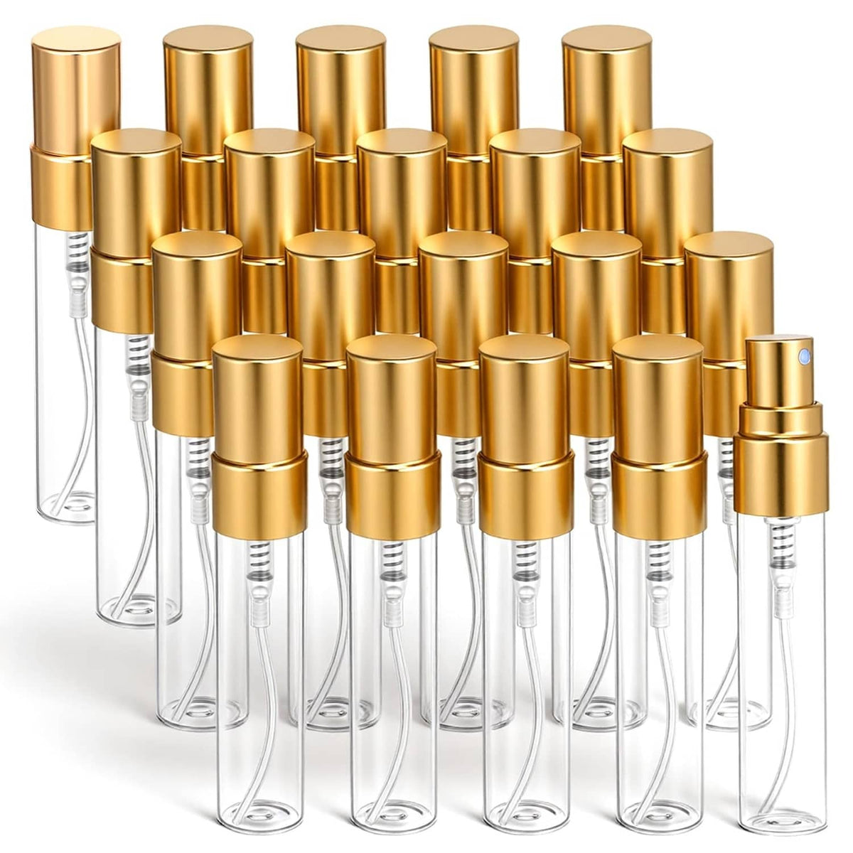 20 pack of clear glass mini atomizer spray bottles with gold caps