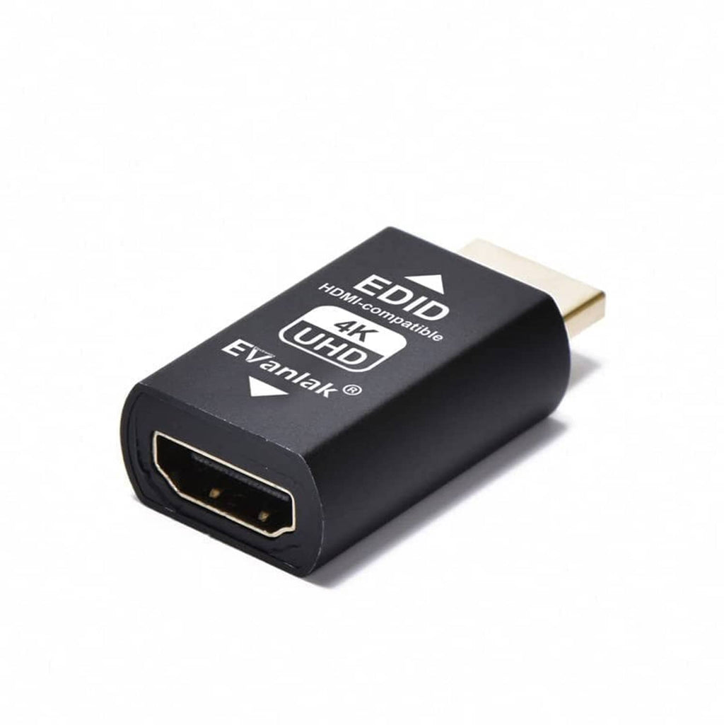 Evanlak HDMI EDID emulator adapter showing HDMI output port, black housing, 4K UHD