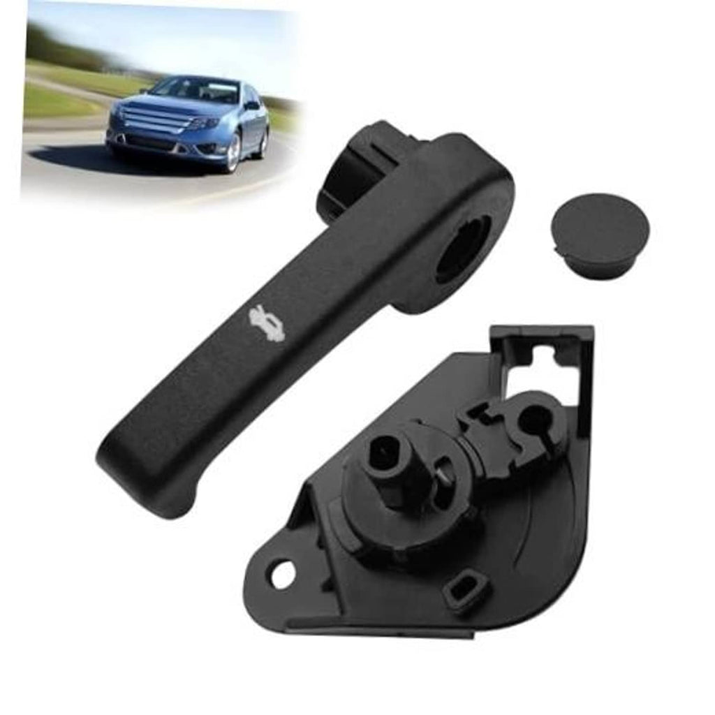 Black hood release handle with mounting base and round cap, exterior latch replacement part