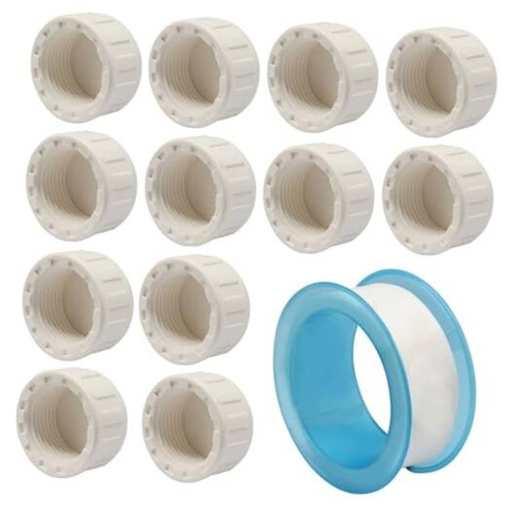 12 white PVC end pipe cap fittings with female threads, shown with blue sealing tape ring
