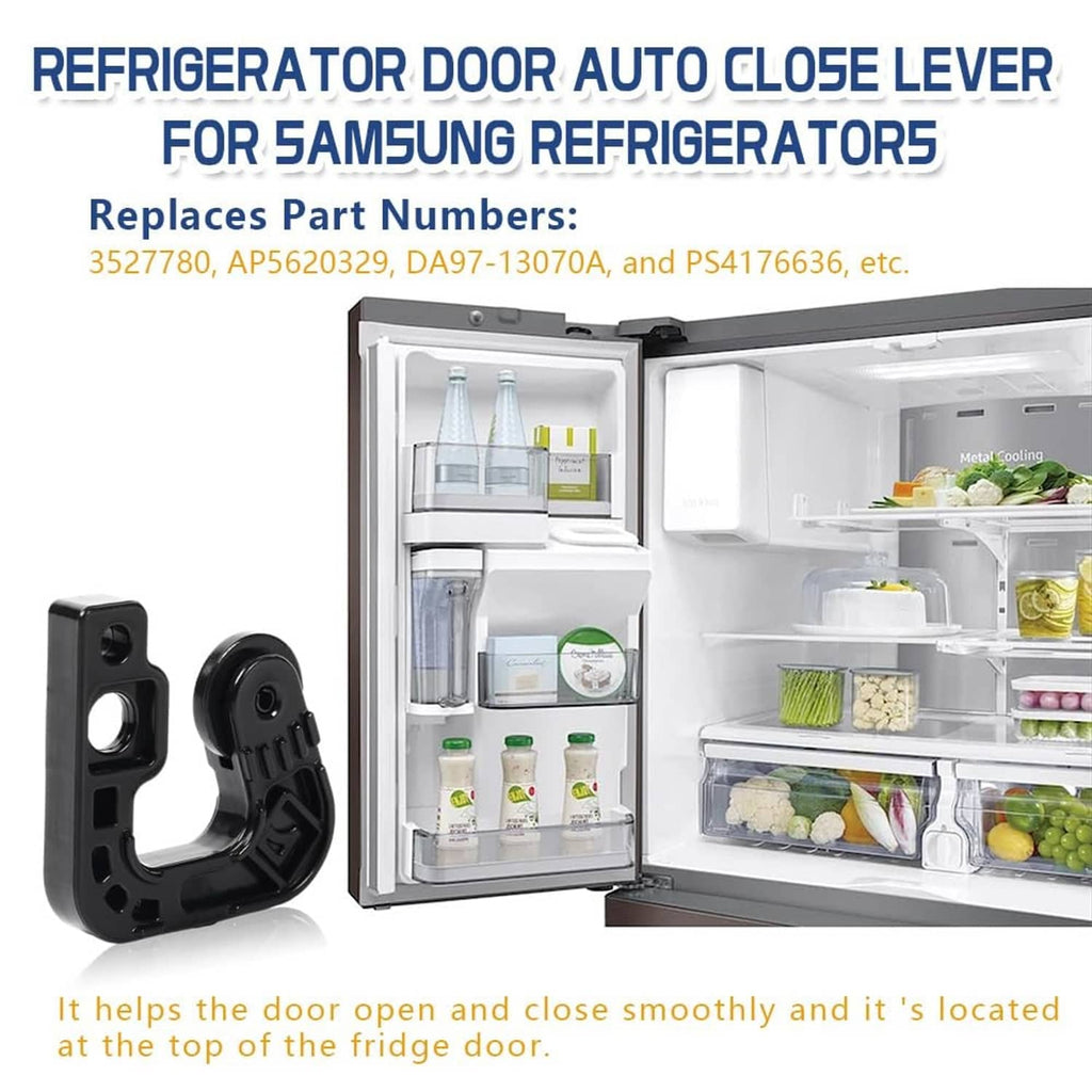 Black refrigerator door auto-close lever with curved arm and rectangular mounting plate