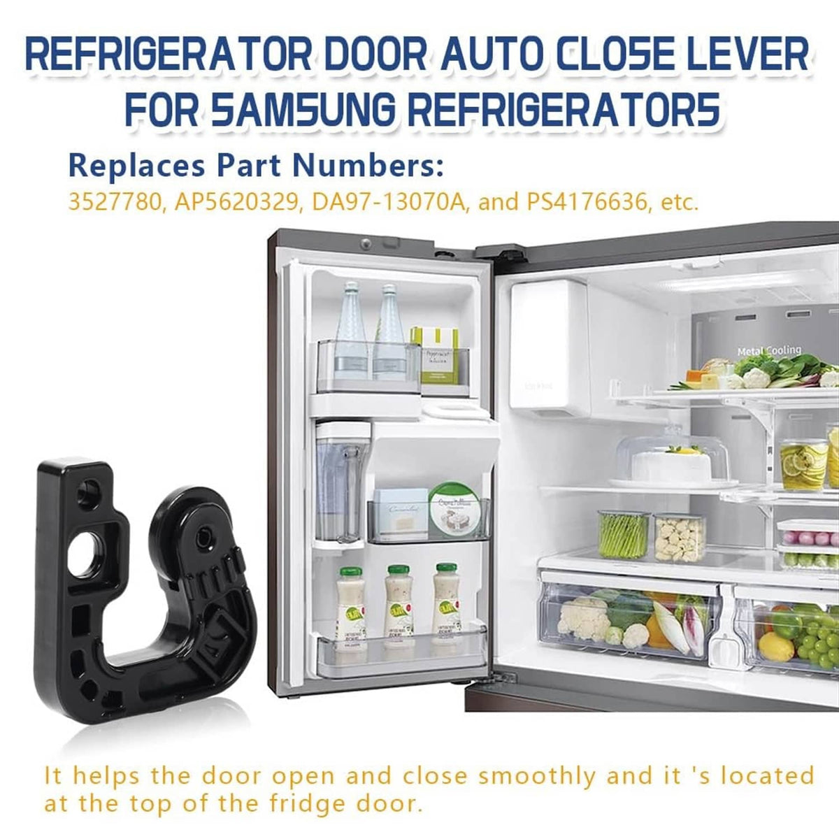 Black refrigerator door auto-close lever with curved arm and rectangular mounting plate