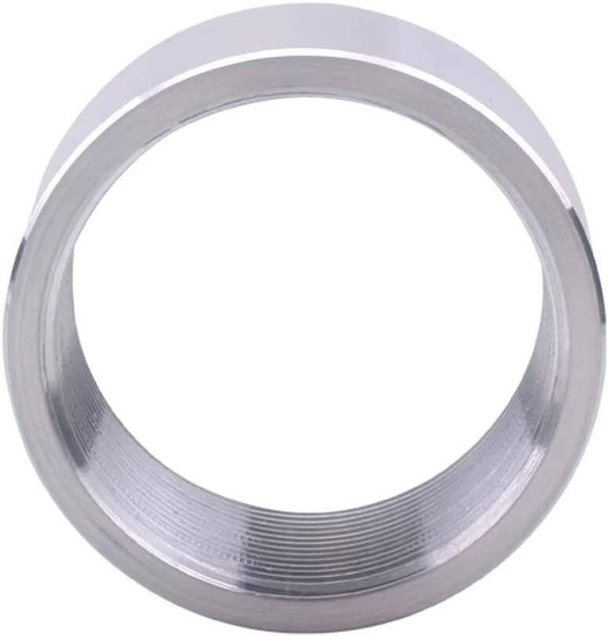 Aluminum NPT female bung ring with threaded inner bore and flat outer lip
